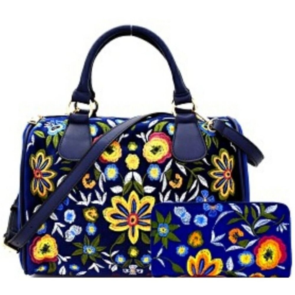 Le Miel Royal Blue Velour Embroidery Floral Bowler Shoulder Handbag with Wallet